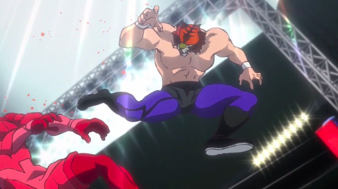 Tiger Mask kicking Red Readth Mask mid-air