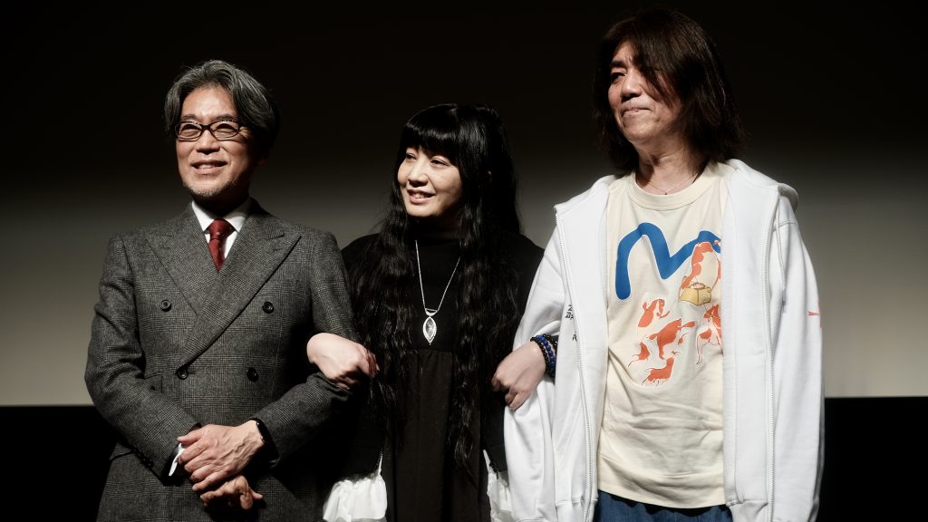 Shinichirô Inoue, Maria Kawamura, and Mamoru Nagano at Niigata International Film Festival holding a panel about Gothicmade Hana no Utame.