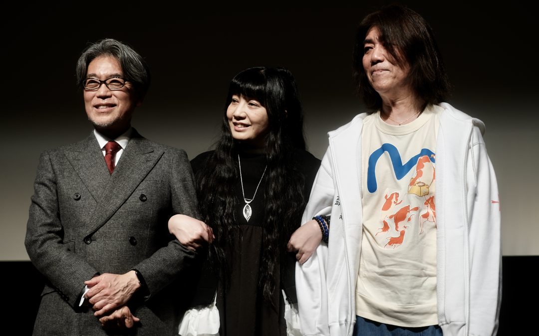 Shinichirô Inoue, Maria Kawamura, and Mamoru Nagano at Niigata International Film Festival holding a panel about Gothicmade Hana no Utame.